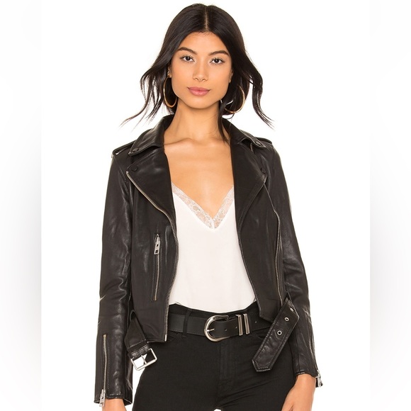 All Saints Balfern Black Biker Cropped Belted Leather Jacket $528. - Picture 5 of 6